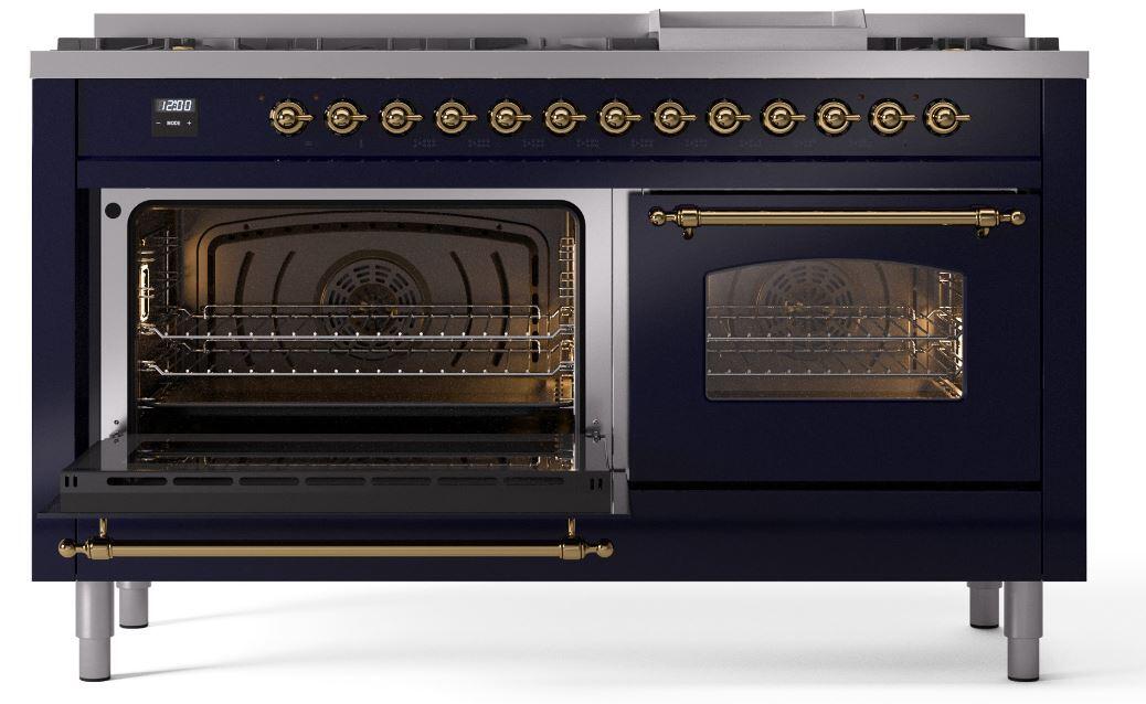 Ilve UP60FNMPMBG Nostalgie Ii 60 Inch Dual Fuel Natural Gas Freestanding Range In Blue With Brass Trim