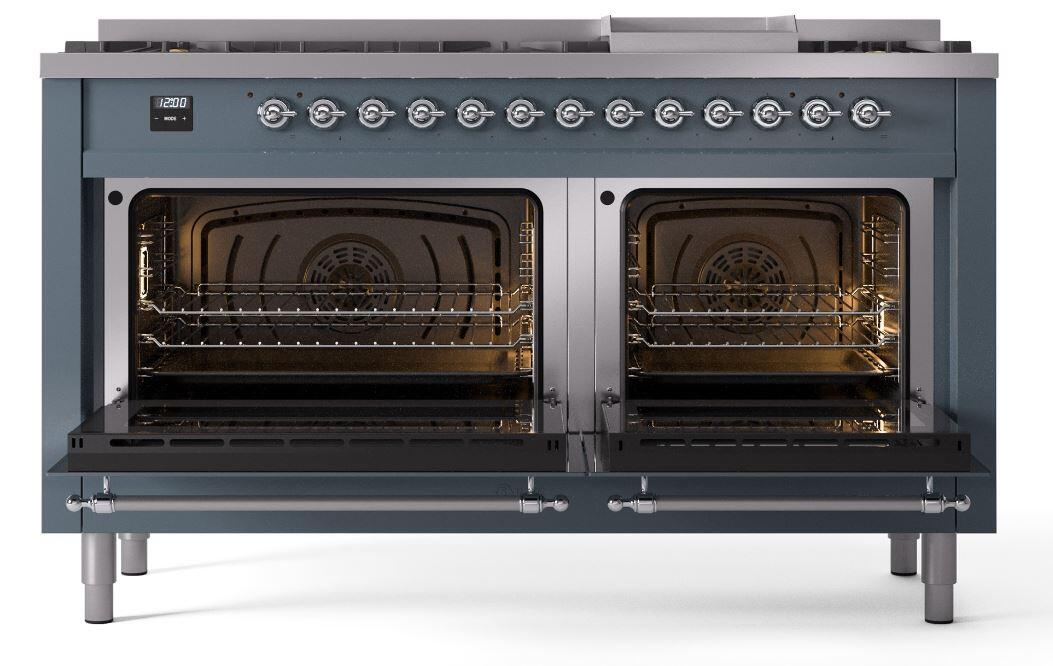 Ilve UP60FNMPBGC Nostalgie Ii 60 Inch Dual Fuel Natural Gas Freestanding Range In Blue Grey With Chrome Trim