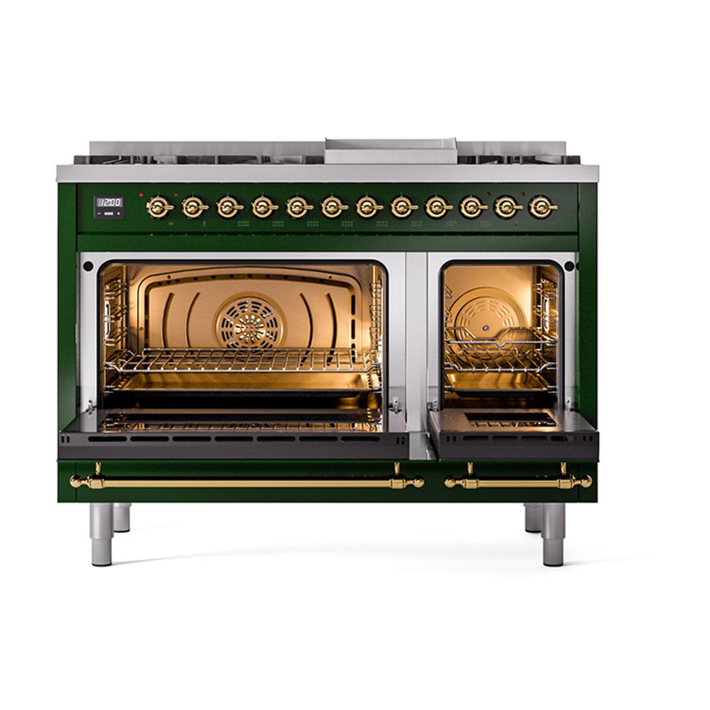 Ilve UN48FNMPEGG Ilve Un48Fnmpegg Nostalgie Ii Noblesse 48" Dual Fuel Range (8 Sealed Burners + Griddle, Natural Gas, Triple Glass Door, Emerald Green, Brass)