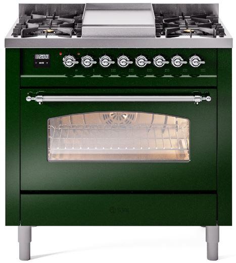 Ilve UP36FNMPEGCLP Nostalgie Ii 36 Inch Dual Fuel Liquid Propane Freestanding Range In Emerald Green With Chrome Trim