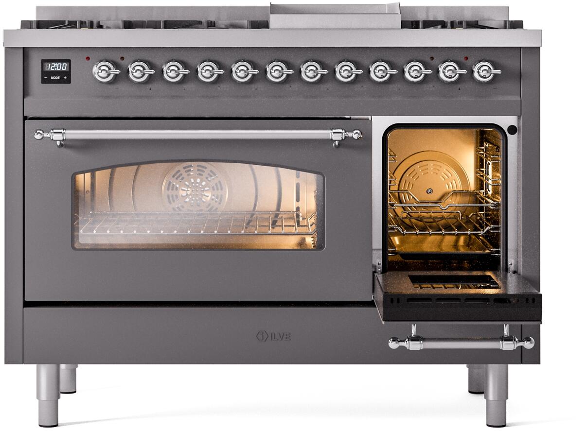 Ilve UP48FNMPMGC Nostalgie Ii 48 Inch Dual Fuel Natural Gas Freestanding Range In Matte Graphite With Chrome Trim