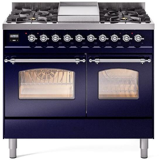 Ilve UPD40FNMPMBC Nostalgie Ii 40 Inch Dual Fuel Natural Gas Freestanding Range In Blue With Chrome Trim