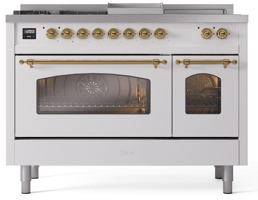 Ilve UP48FSNMPWHG Nostalgie Ii 48 Inch Dual Fuel Natural Gas Freestanding Range In White With Brass Trim