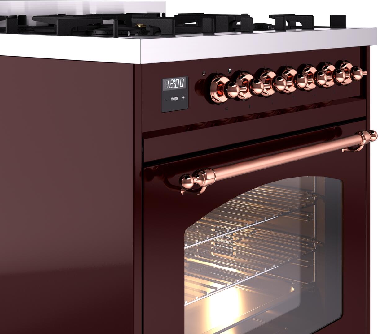 Ilve UP30NMPBUPLP Nostalgie Ii 30 Inch Dual Fuel Liquid Propane Freestanding Range In Burgundy With Copper Trim