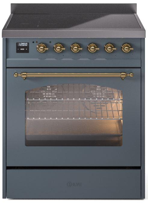 Ilve UPI304NMPBGG Nostalgie Ii 30 Inch Electric Freestanding Range In Blue Grey With Brass Trim