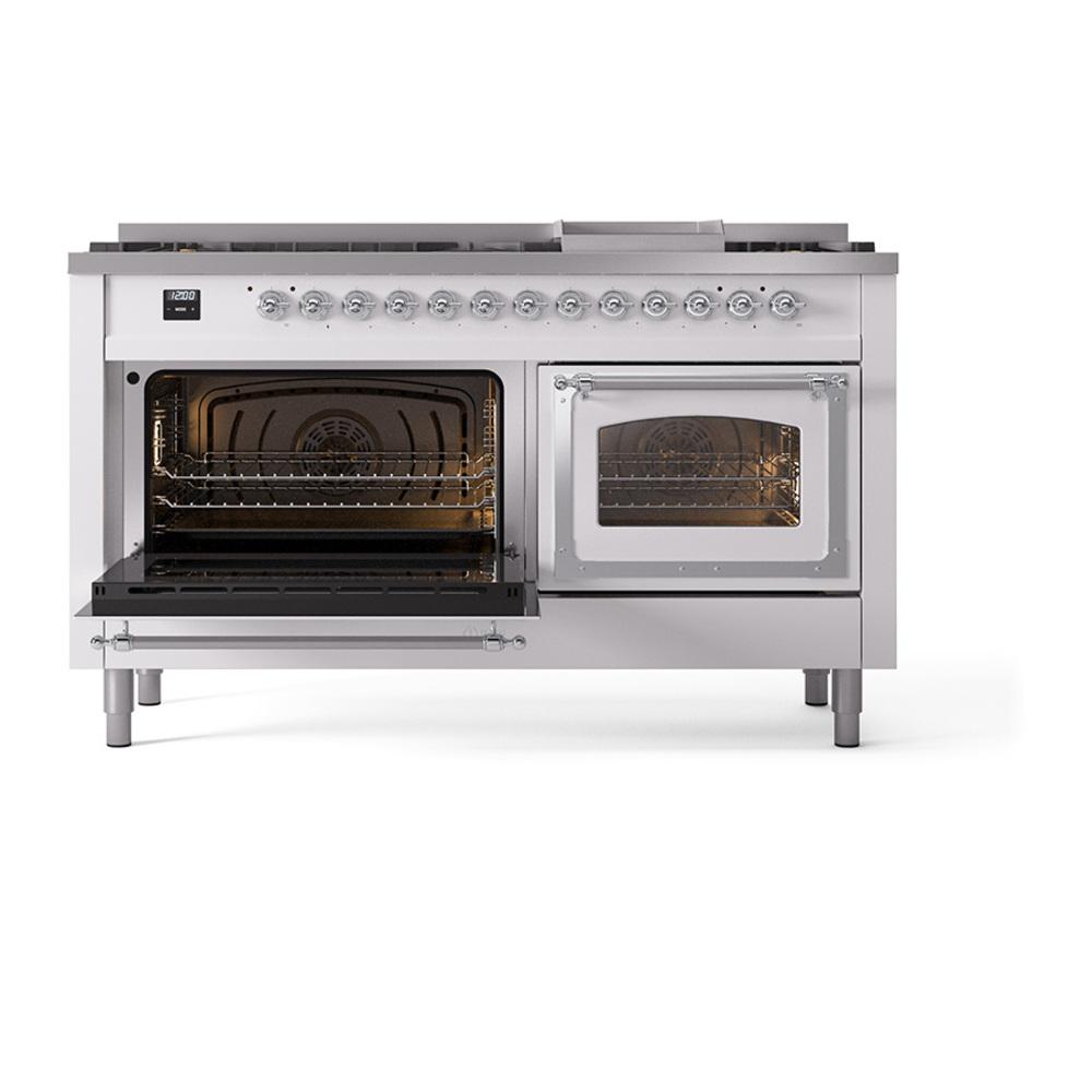 Ilve UN60FNMPWHC Ilve Un60Fnmpwhc Nostalgie Ii Noblesse 60" Dual Fuel Range (9 Sealed Burners + Griddle, Natural Gas, Triple Glass Door, White, Chrome)