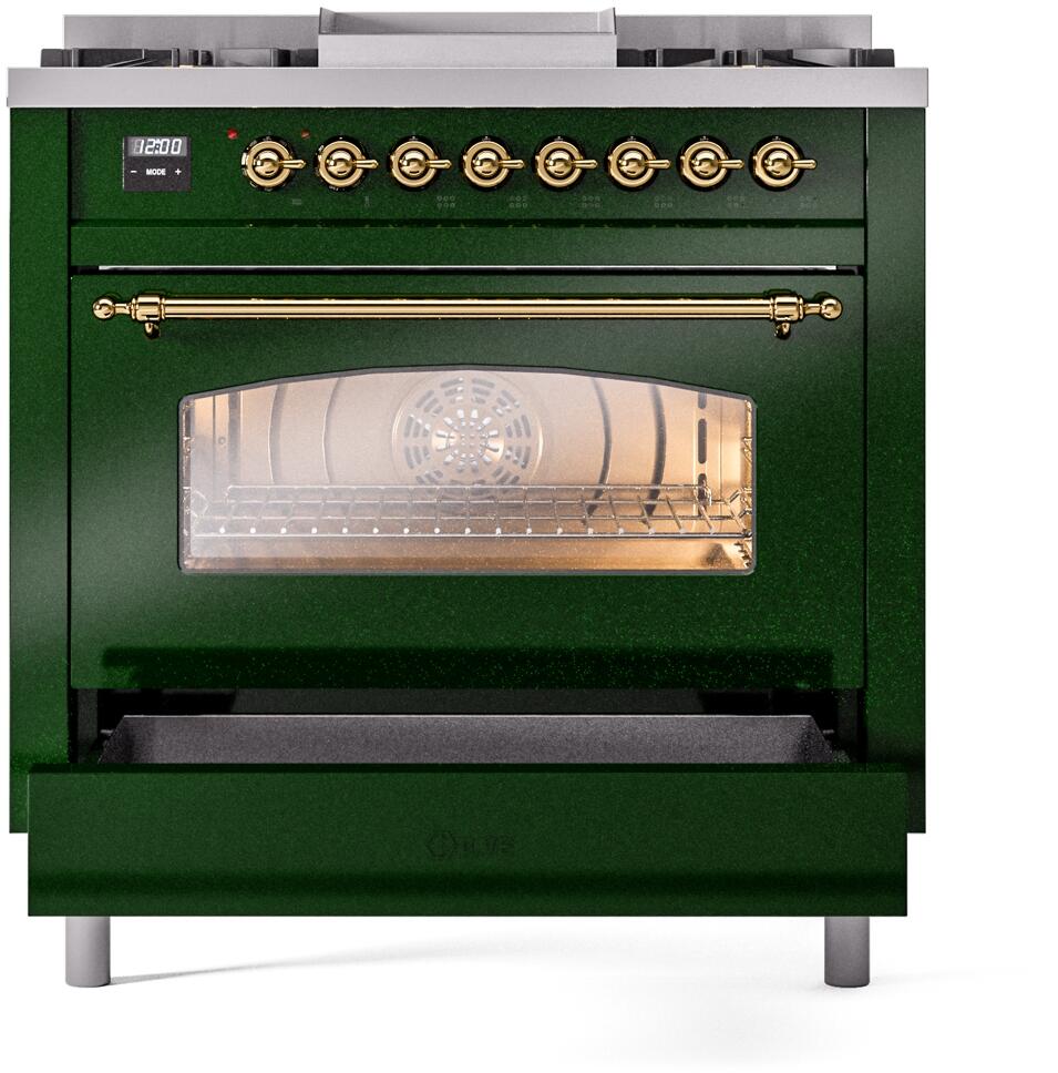 Ilve UP36FNMPEGGLP Nostalgie Ii 36 Inch Dual Fuel Liquid Propane Freestanding Range In Emerald Green With Brass Trim