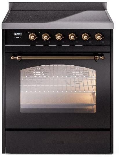 Ilve UPI304NMPBKB Nostalgie Ii 30 Inch Electric Freestanding Range In Glossy Black With Bronze Trim