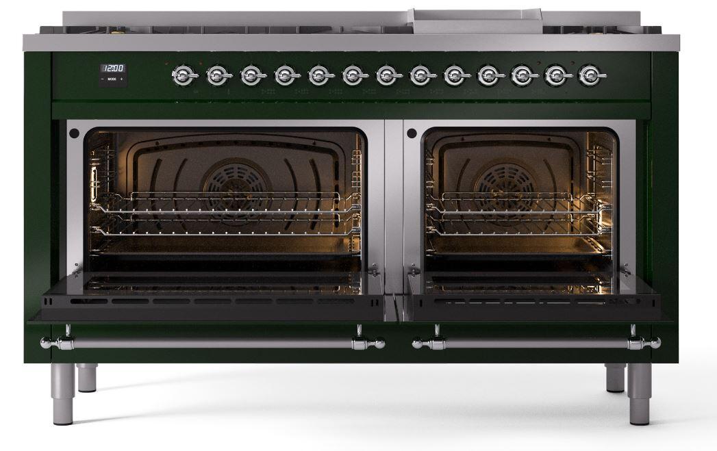 Ilve UP60FNMPEGC Nostalgie Ii 60 Inch Dual Fuel Natural Gas Freestanding Range In Emerald Green With Chrome Trim