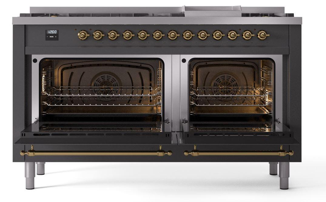 Ilve UP60FNMPMGG Nostalgie Ii 60 Inch Dual Fuel Natural Gas Freestanding Range In Matte Graphite With Brass Trim