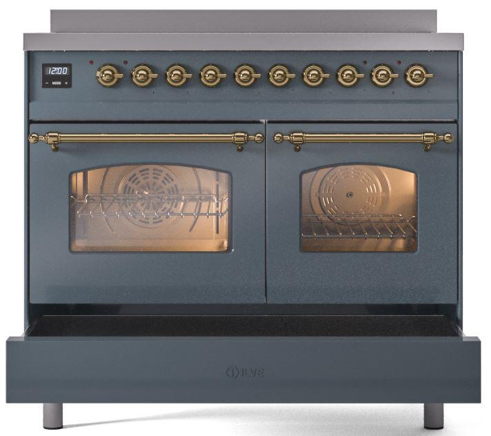 Ilve UPDI406NMPBGG Nostalgie Ii 40 Inch Electric Freestanding Range In Blue Grey With Brass Trim