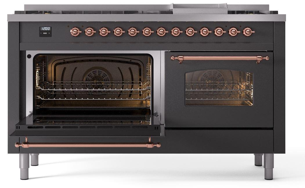 Ilve UP60FNMPMGP Nostalgie Ii 60 Inch Dual Fuel Natural Gas Freestanding Range In Matte Graphite With Copper Trim