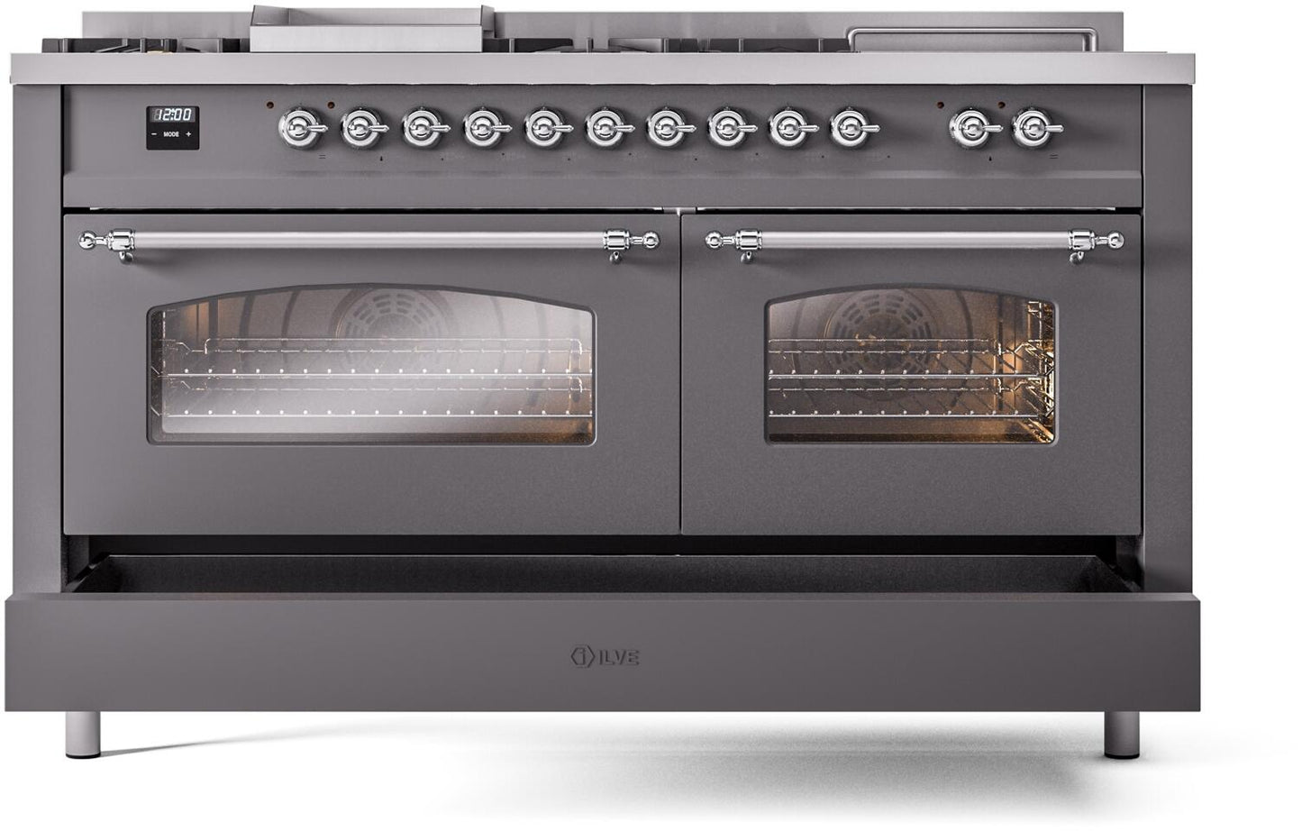 Ilve UP60FSNMPMGC Nostalgie Ii 60 Inch Dual Fuel Natural Gas Freestanding Range In Matte Graphite With Chrome Trim