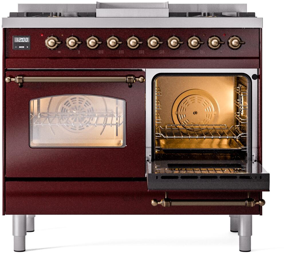 Ilve UPD40FNMPBUBLP Nostalgie Ii 40 Inch Dual Fuel Liquid Propane Freestanding Range In Burgundy With Bronze Trim