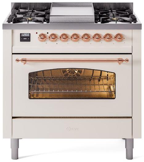 Ilve UP36FNMPAWP Nostalgie Ii 36 Inch Dual Fuel Natural Gas Freestanding Range In Antique White With Copper Trim