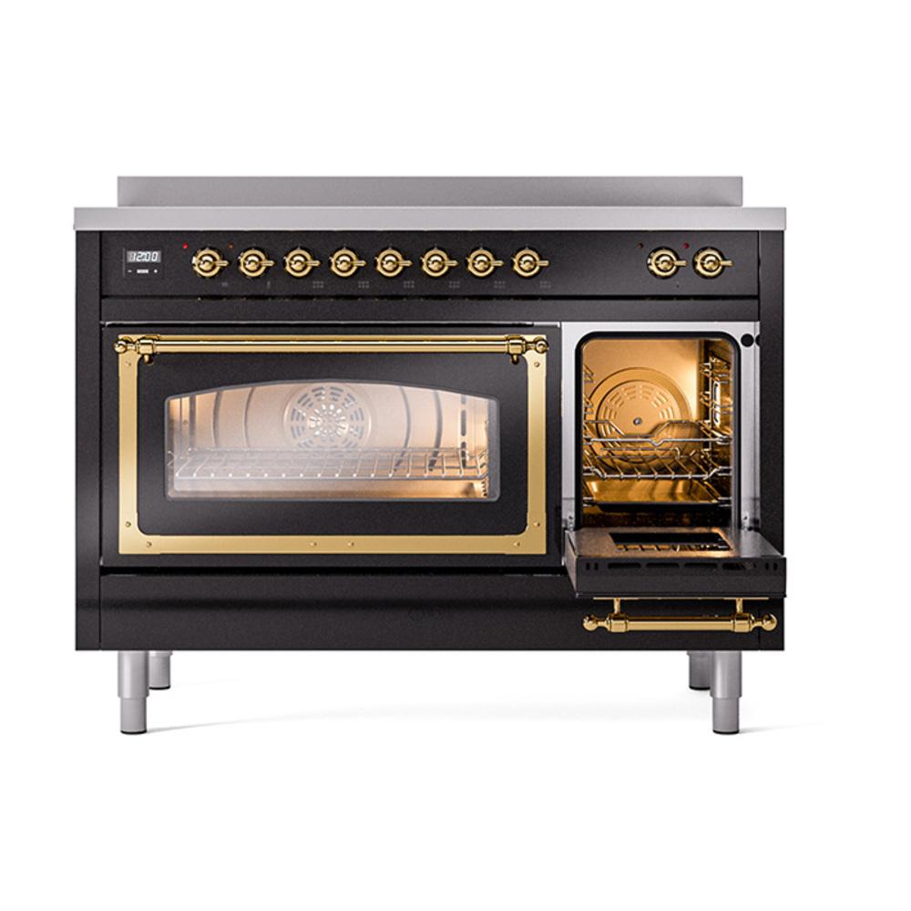 Ilve UNI486NMPBKG Ilve Uni486Nmpbkg Nostalgie Ii Noblesse 48" Induction Range (Triple Glass Door, Glossy Black, Brass)