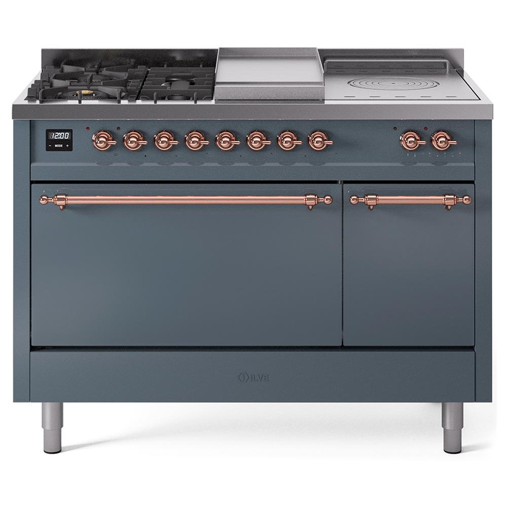 Ilve UP48FSQNMPBGPLP Ilve Nostalgie Ii 48 Up48Fsqnmpbgp Freestanding Dual Fuel Range With 5 Sealed Burners And French Top Double Oven With Solid Door In Blue Grey With Copper Knobs