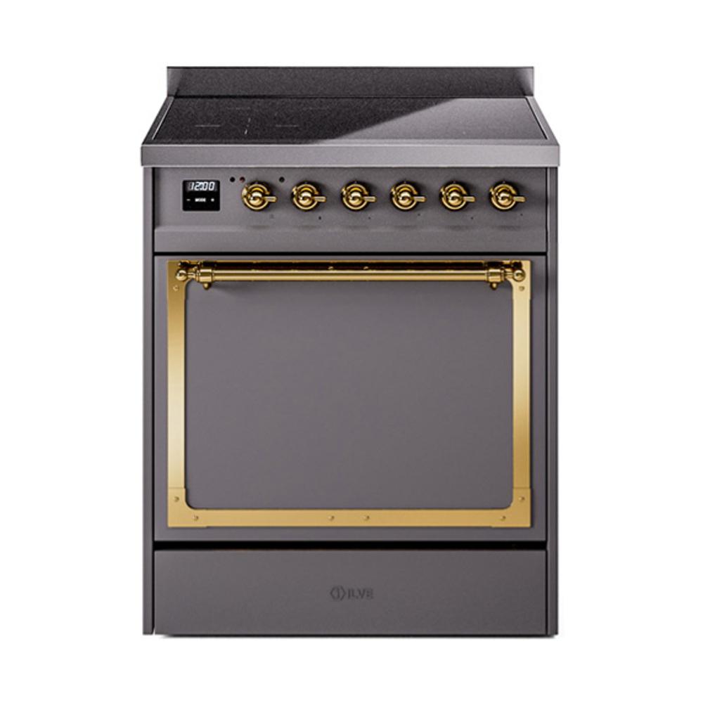 Ilve UNI304QNMPMGG Ilve Uni304Qnmpmgg Nostalgie Ii Noblesse 30" Induction Range (Solid Door, Graphite Matte, Brass)