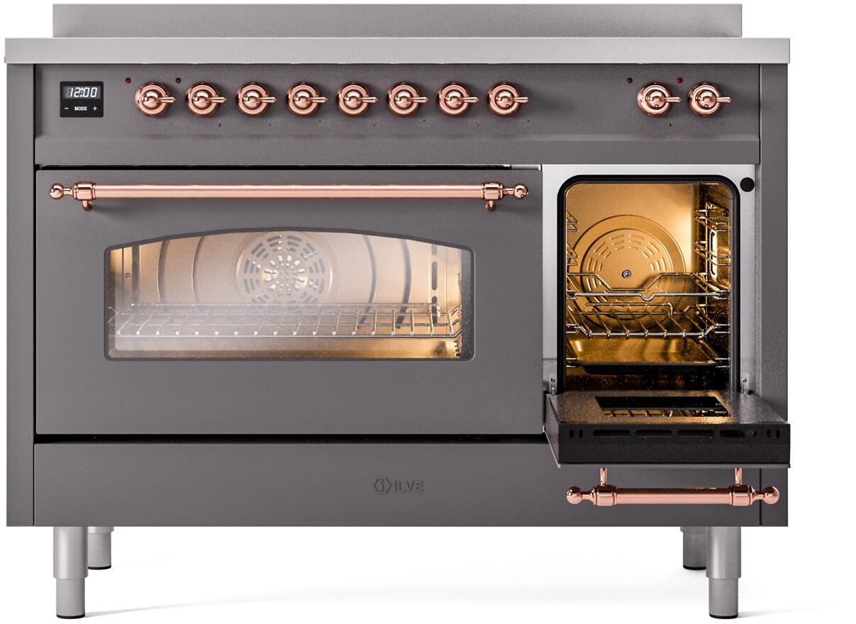 Ilve UPI486NMPMGP Nostalgie Ii 48 Inch Electric Freestanding Range In Matte Graphite With Copper Trim