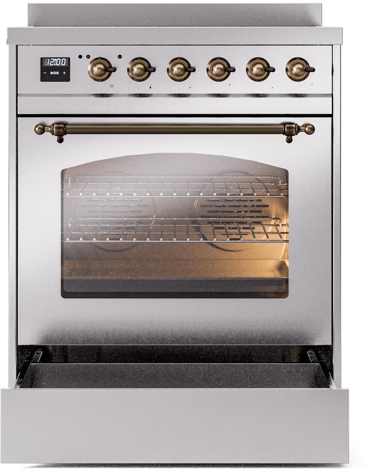 Ilve UPI304NMPSSB Nostalgie Ii 30 Inch Electric Freestanding Range In Stainless Steel With Bronze Trim