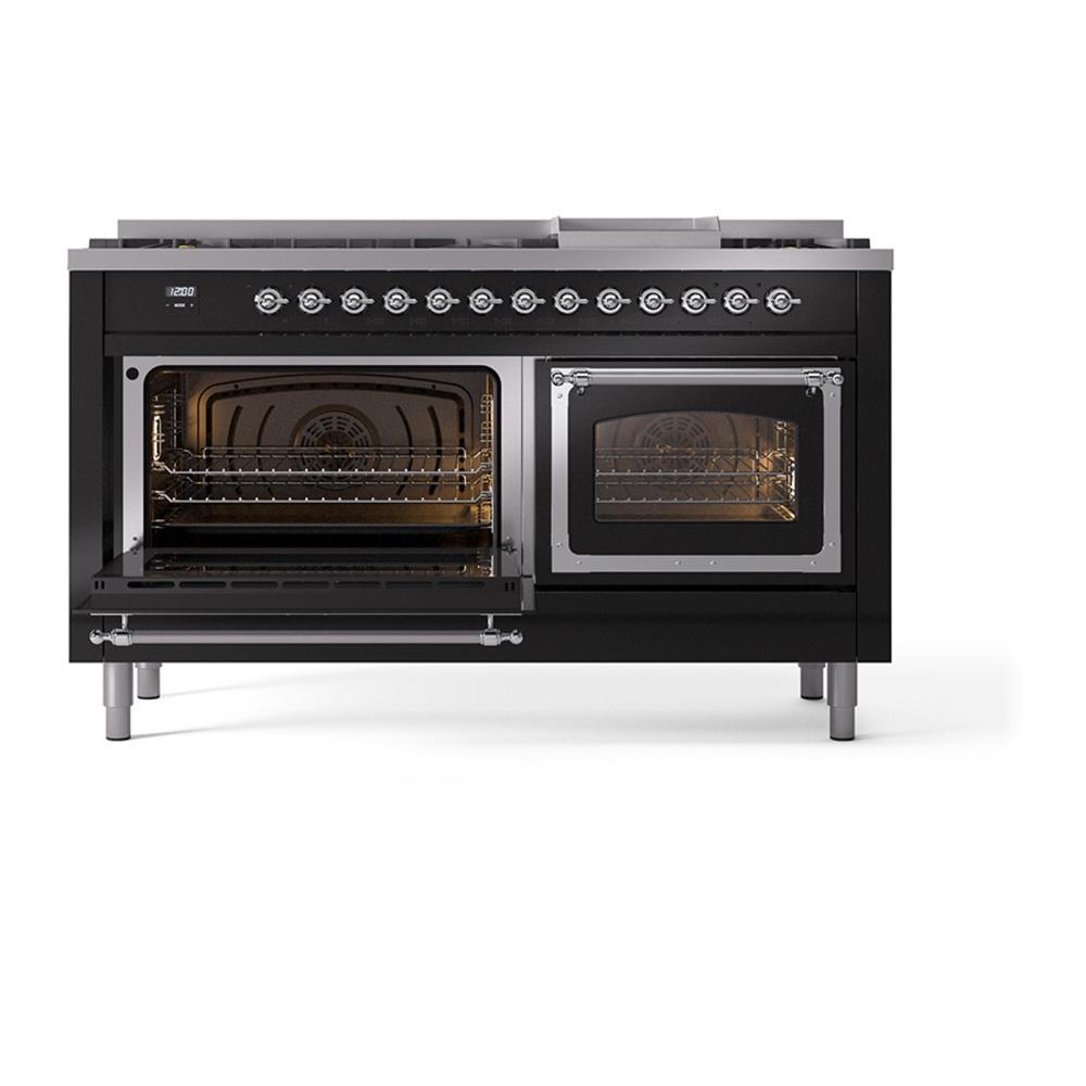 Ilve UN60FNMPBKC Ilve Un60Fnmpbkc Nostalgie Ii Noblesse 60" Dual Fuel Range (9 Sealed Burners + Griddle, Natural Gas, Triple Glass Door, Glossy Black, Chrome)