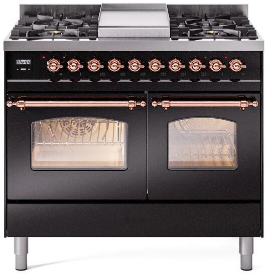 Ilve UPD40FNMPBKP Nostalgie Ii 40 Inch Dual Fuel Natural Gas Freestanding Range In Glossy Black With Copper Trim