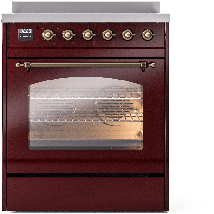 Ilve UPI304NMPBUB Nostalgie Ii 30 Inch Electric Freestanding Range In Burgundy With Bronze Trim