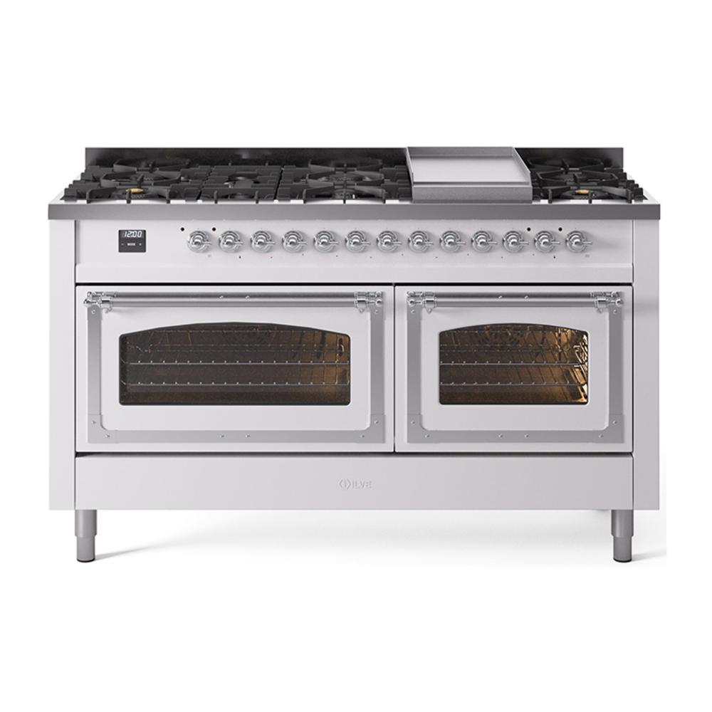 Ilve UN60FNMPWHC Ilve Un60Fnmpwhc Nostalgie Ii Noblesse 60" Dual Fuel Range (9 Sealed Burners + Griddle, Natural Gas, Triple Glass Door, White, Chrome)