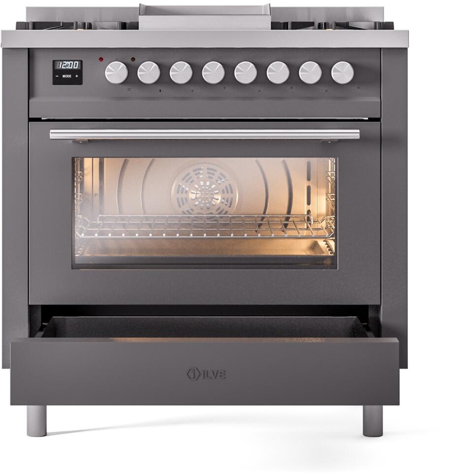 Ilve UP36FWMPMG Professional Plus Ii 36 Inch Dual Fuel Natural Gas Freestanding Range In Matte Graphite With Trim