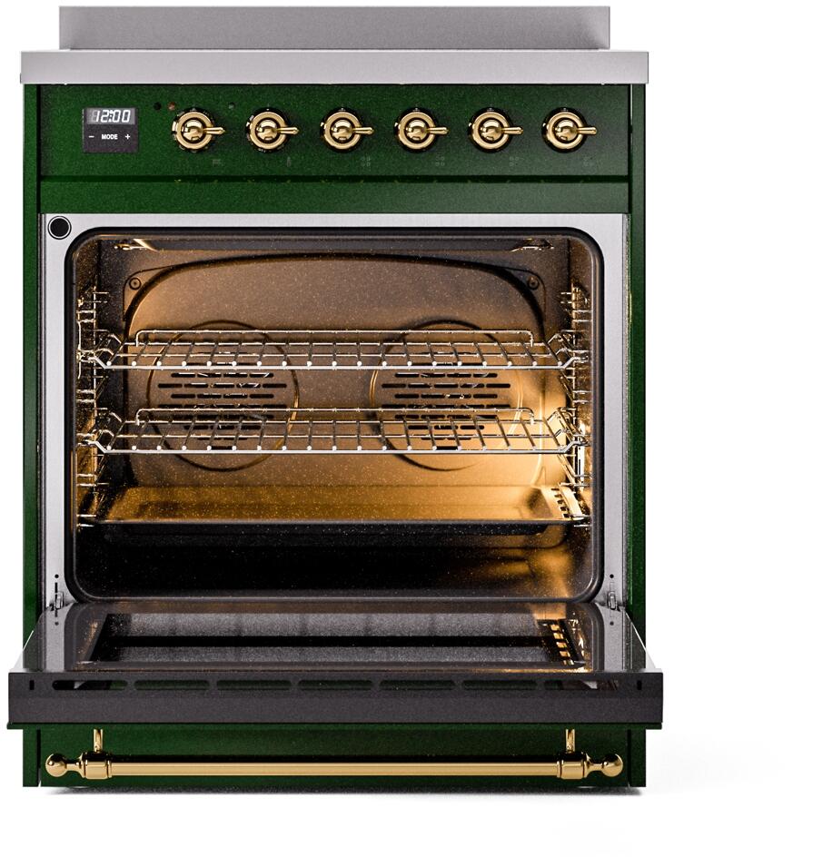 Ilve UPI304NMPEGG Nostalgie Ii 30 Inch Electric Freestanding Range In Emerald Green With Brass Trim