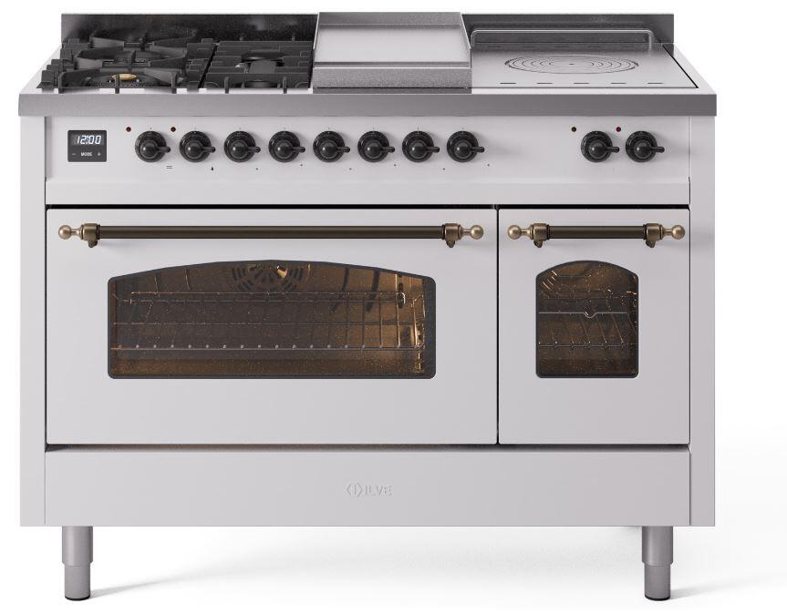 Ilve UP48FSNMPWHB Nostalgie Ii 48 Inch Dual Fuel Natural Gas Freestanding Range In White With Bronze Trim