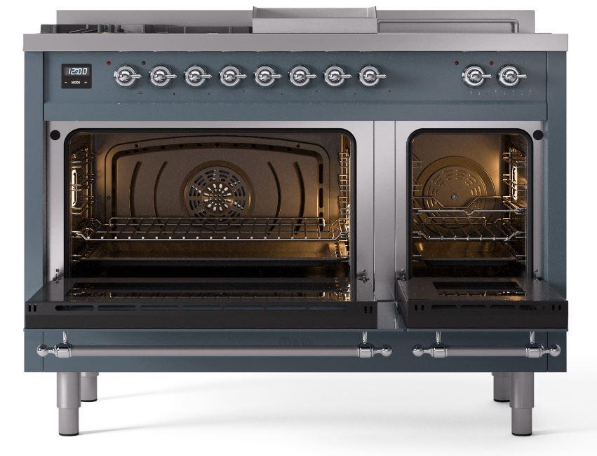 Ilve UP48FSNMPBGCLP Nostalgie Ii 48 Inch Dual Fuel Liquid Propane Freestanding Range In Blue Grey With Chrome Trim