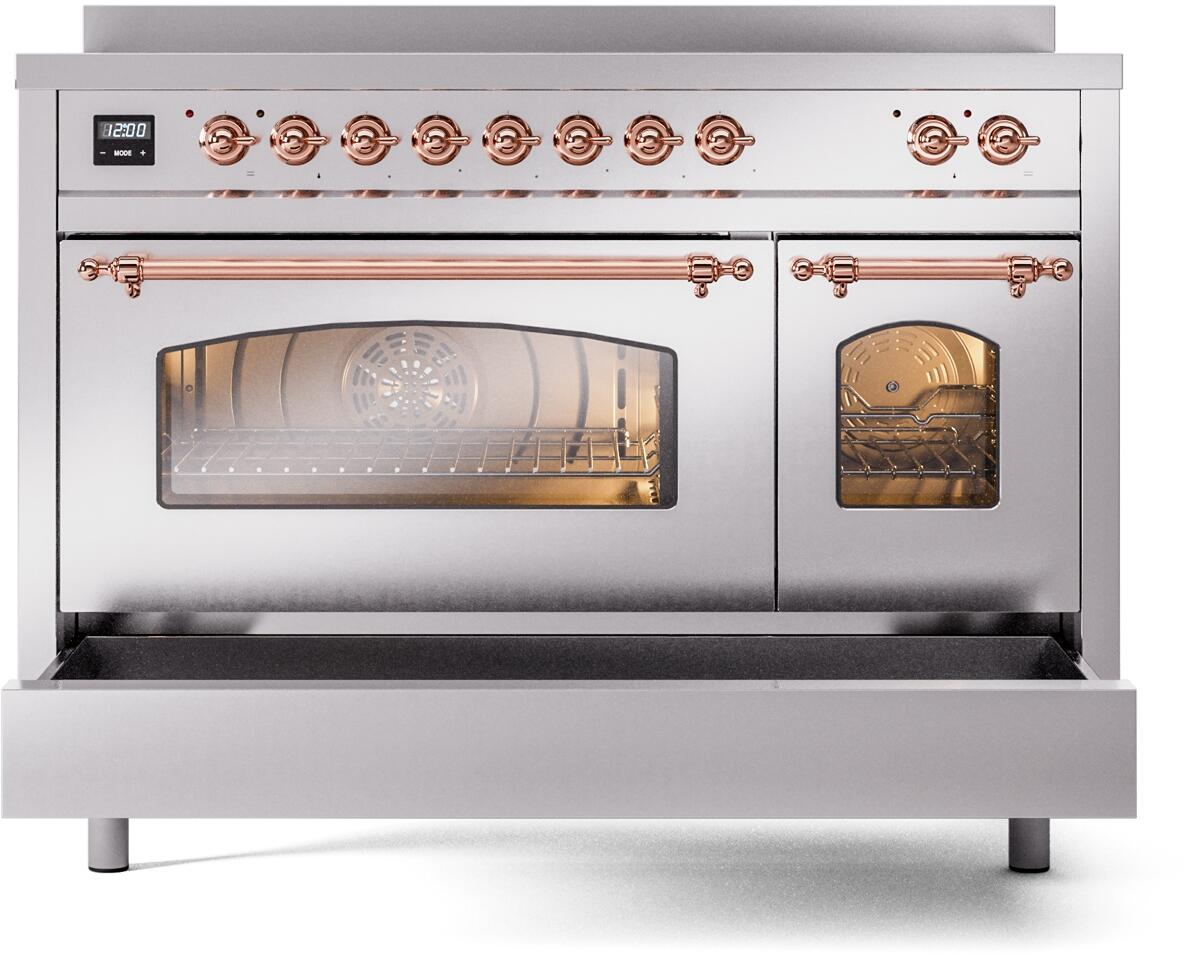 Ilve UPI486NMPSSP Nostalgie Ii 48 Inch Electric Freestanding Range In Stainless Steel With Copper Trim