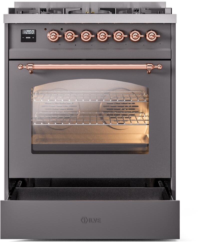 Ilve UP30NMPMGP Nostalgie Ii 30 Inch Dual Fuel Natural Gas Freestanding Range In Matte Graphite With Copper Trim