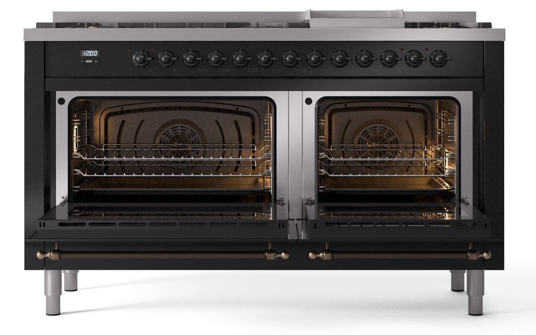 Ilve UP60FNMPBKBLP Nostalgie Ii 60 Inch Dual Fuel Liquid Propane Freestanding Range In Glossy Black With Bronze Trim