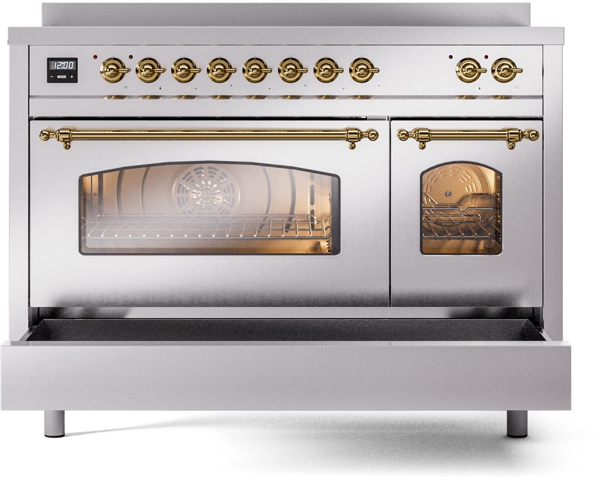 Ilve UPI486NMPSSG Nostalgie Ii 48 Inch Electric Freestanding Range In Stainless Steel With Brass Trim