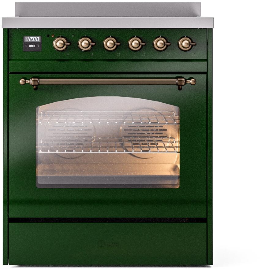 Ilve UPI304NMPEGB Nostalgie Ii 30 Inch Electric Freestanding Range In Emerald Green With Bronze Trim