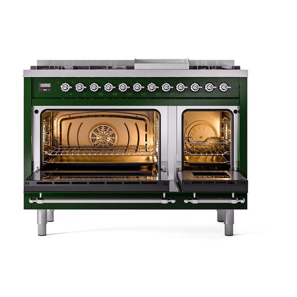 Ilve UN48FNMPEGCLP Ilve Un48Fnmpegclp Nostalgie Ii Noblesse 48" Dual Fuel Range (8 Sealed Burners + Griddle, Liquid Propane, Triple Glass Door, Emerald Green, Chrome)