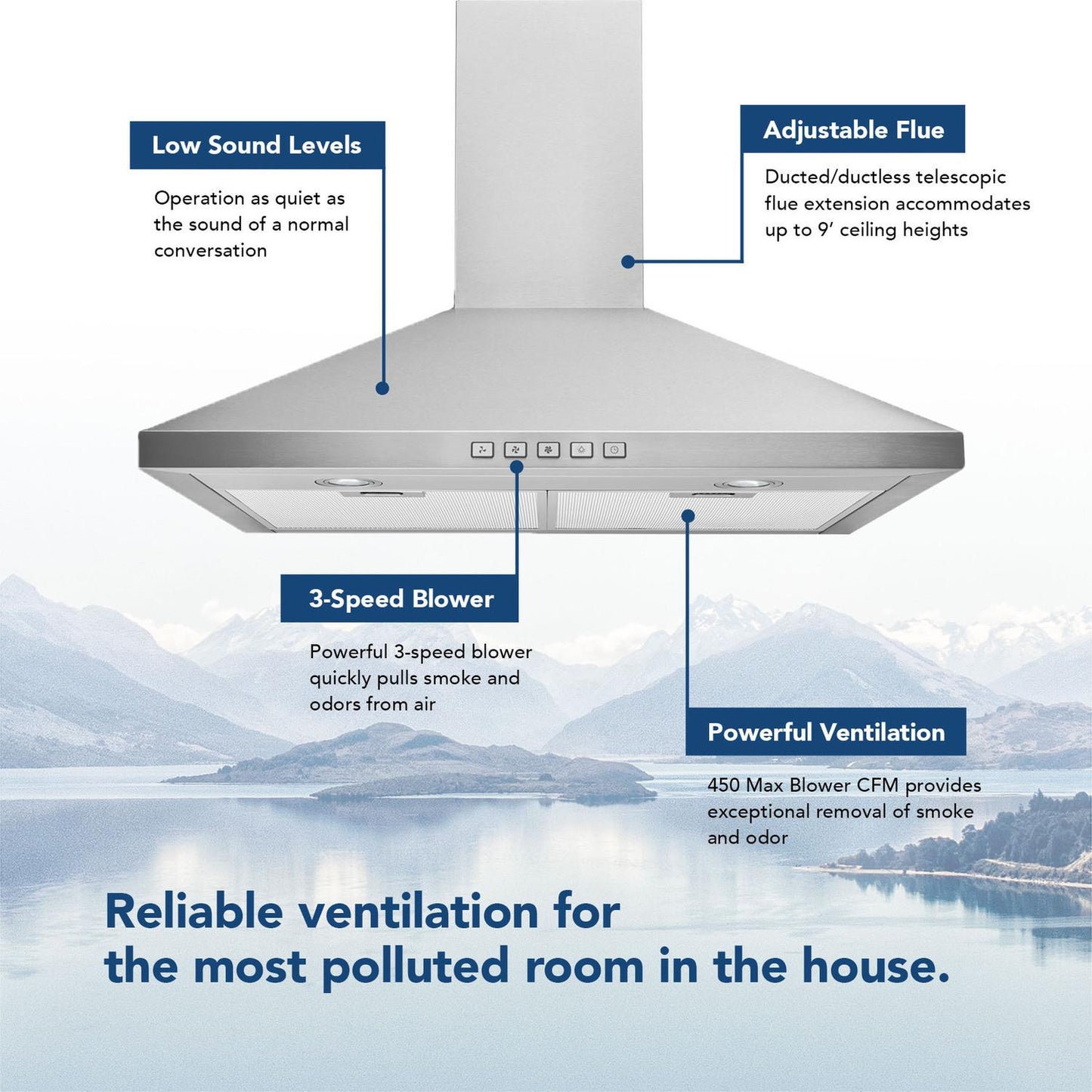 Broan BWP1244SS Broan® 24-Inch Convertible Wall-Mount Pyramidal Chimney Range Hood, 450 Max Cfm, Stainless Steel