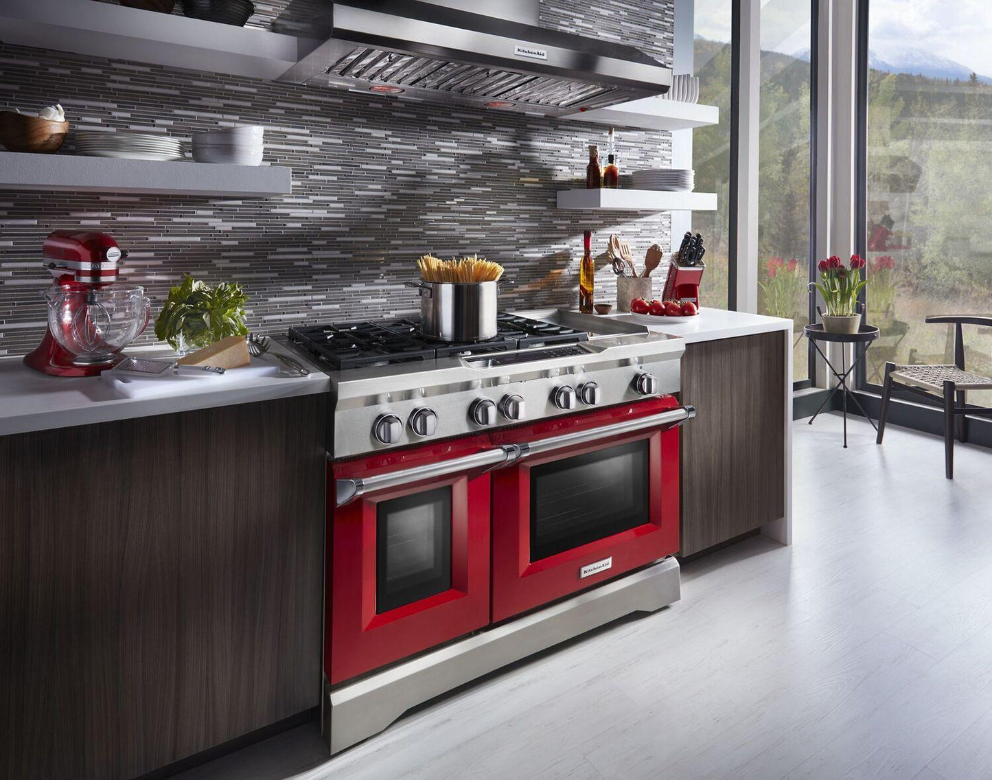 Kitchenaid KDRS483VSD 48'' 6-Burner With Griddle, Dual Fuel Freestanding Range, Commercial-Style Signature Red