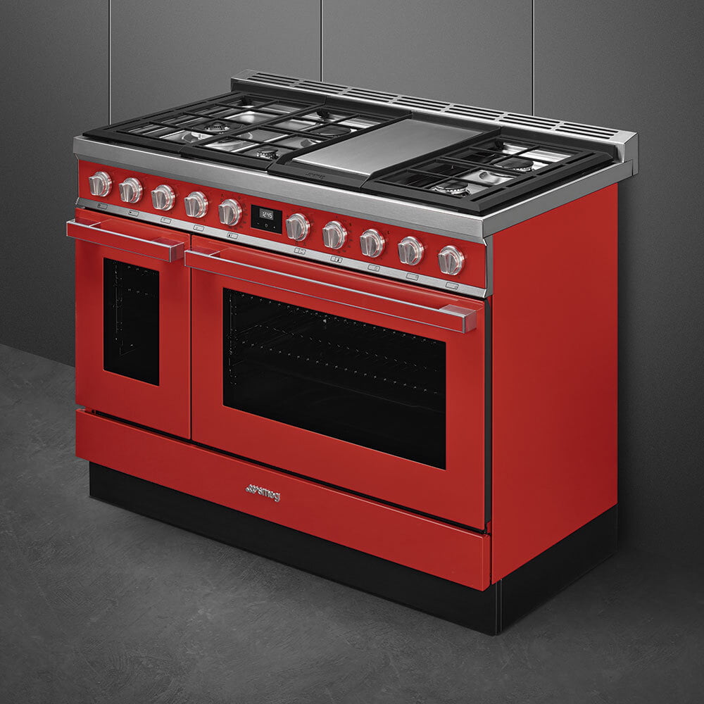 Smeg CPF48UGMR Portofino Pro-Style Dual Fuel Range, Red, 48" X 25"