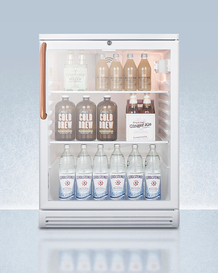 Summit SCR600GLTBC Commercially Listed 5.5 Cu.Ft. Counter Height Beverage Center In A 24" Footprint, With Pure Copper Handle, White Cabinet, Glass Door, And Lock