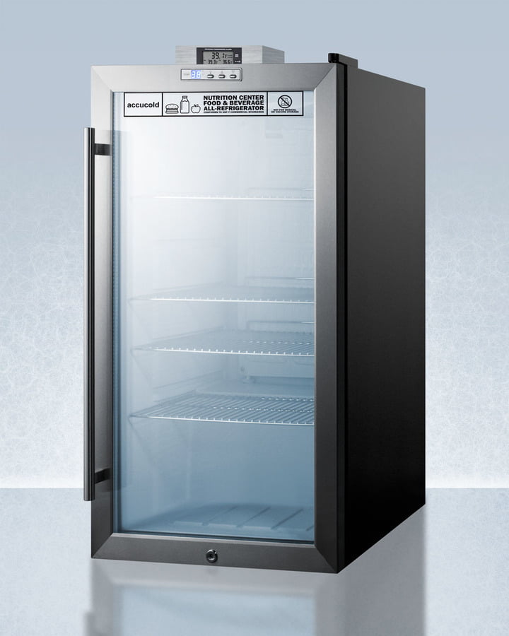 Summit SCR486LNZ Commercially Approved Nutrition Center Series Glass Door All-Refrigerator For Freestanding Use, With Front Lock And Digital Temperature Display