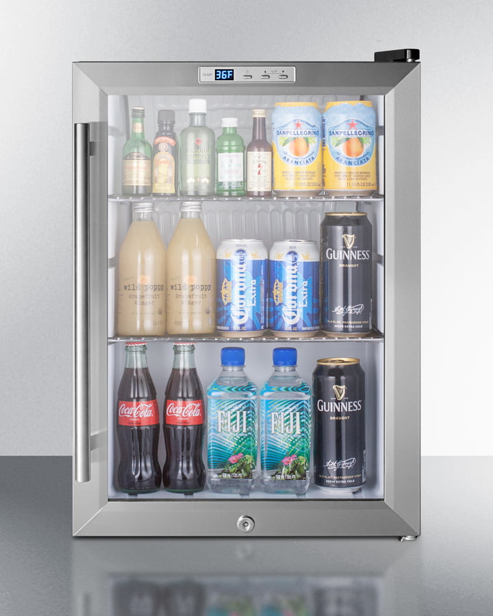 Summit SCR312L Commercially Approved Countertop Glass Door Refrigerator Designed For The Display And Refrigeration Of Beverages Or Sealed Food, With Black Cabinet, Front Lock, And Digital Thermostat; Replaces Scr310L