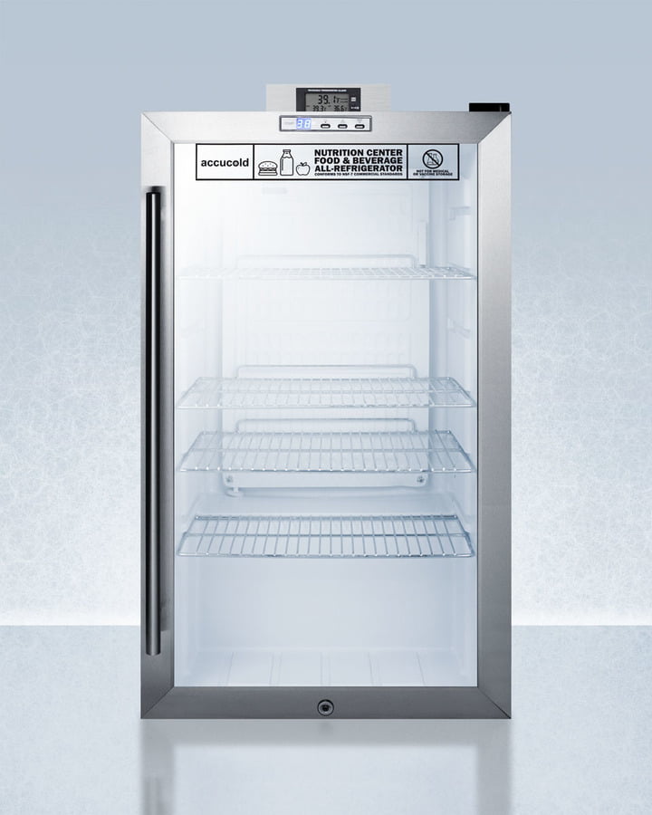 Summit SCR486LNZ Commercially Approved Nutrition Center Series Glass Door All-Refrigerator For Freestanding Use, With Front Lock And Digital Temperature Display