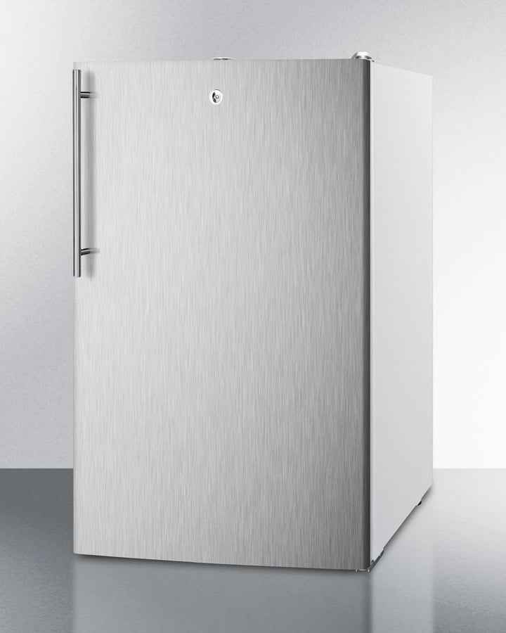 Summit FF511LSSHV 20" Wide Counter Height All-Refrigerator, Auto Defrost With A Lock, Stainless Steel Door, Thin Handle, And White Cabinet