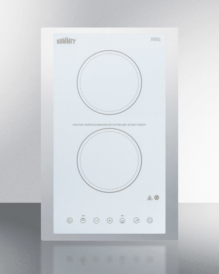 Summit CR2B15T2WTK15 115V 2-Burner Cooktop In White Ceramic Schott Glass With Digital Touch Controls And Stainless Steel Frame To Allow Installation In 15" Wide Counter Cutouts"