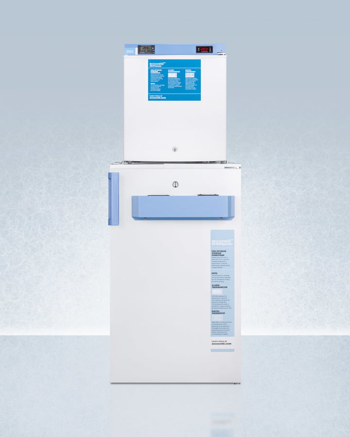 Summit FF511LFS24LSTACKMED2 Stacked Combination Of Ff511Lbimed2 Auto Defrost All-Refrigerator And Fs24Lmed2 Compact Manual Defrost All-Freezer, Both With Locks, Digital Controls, And Nist Calibrated Alarm/Thermometers