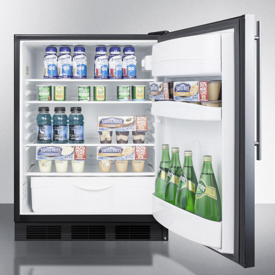 Summit FF6BBISSHV Built-In Undercounter All-Refrigerator For General Purpose Use W/Automatic Defrost, Stainless Steel Wrapped Door, Thin Handle, And Black Cabinet