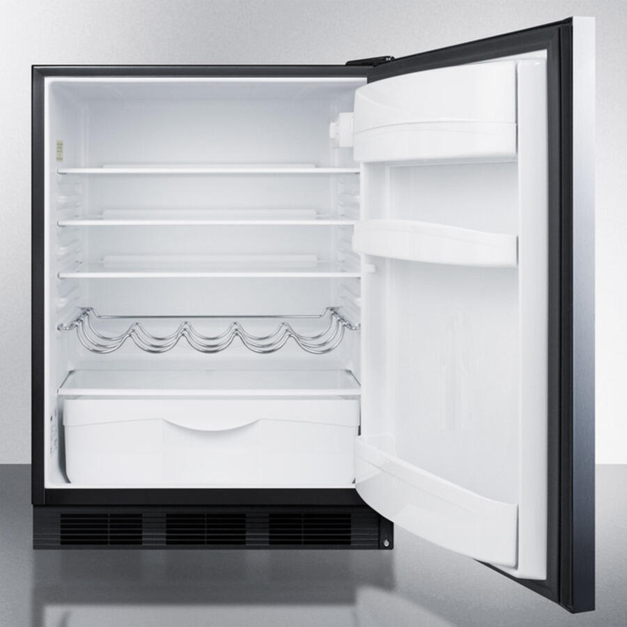 Summit FF63BBISSHH Built-In Undercounter All-Refrigerator For Residential Use, Auto Defrost With A Stainless Steel Wrapped Door, Horizontal Handle, And Black Cabinet